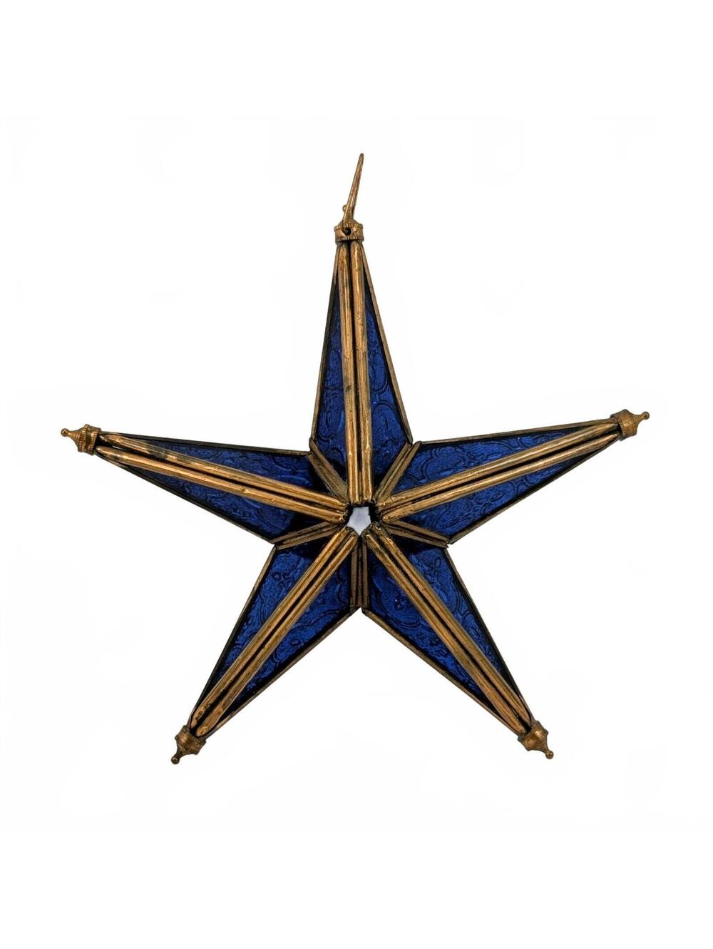 Whimsical Victorian Tiffany Style Cobalt Blue Glass Copper Star Ornament 8"